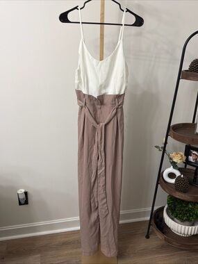 Fashion Nova White & Dusty Rose One-Shoulder Jumpsuit